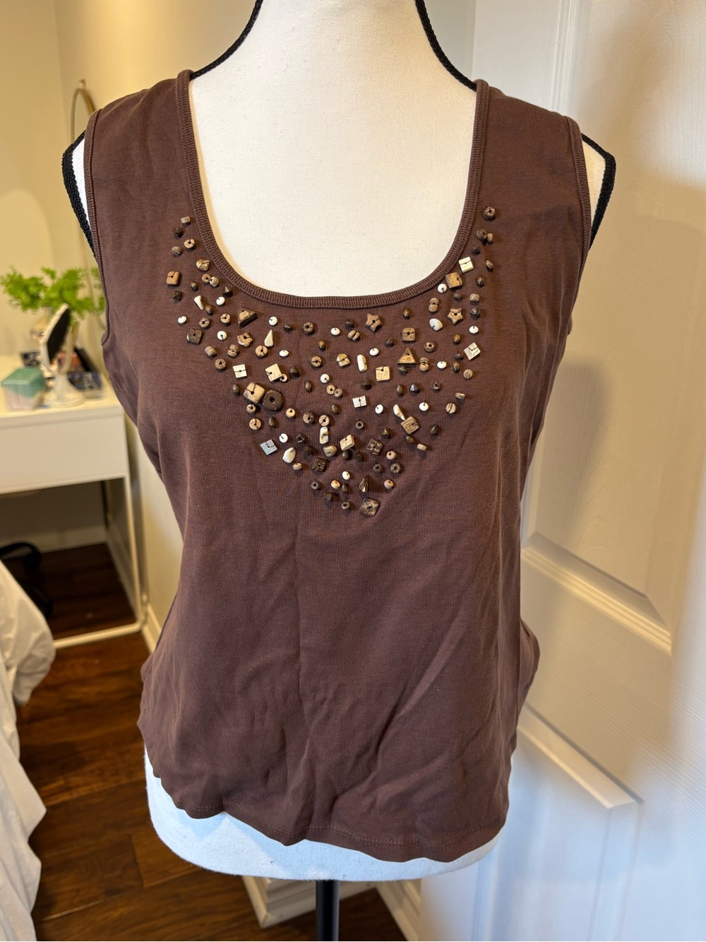 🌷Spanner Brown Beaded Cotton Tank Top XL Boho Embellished 3/$30